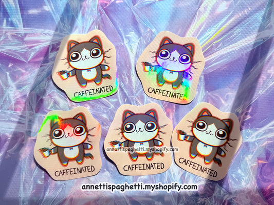 Caffeinated Cat Holographic Sticker