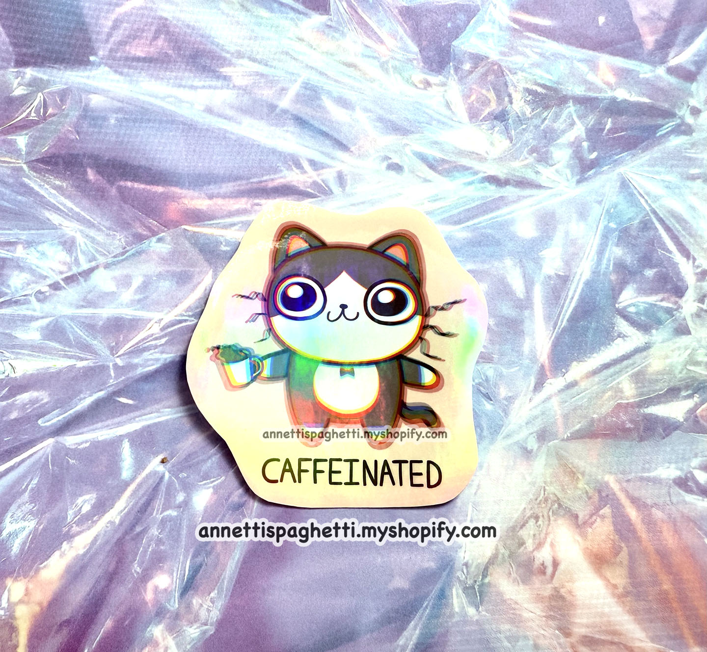 Caffeinated Cat Holographic Sticker