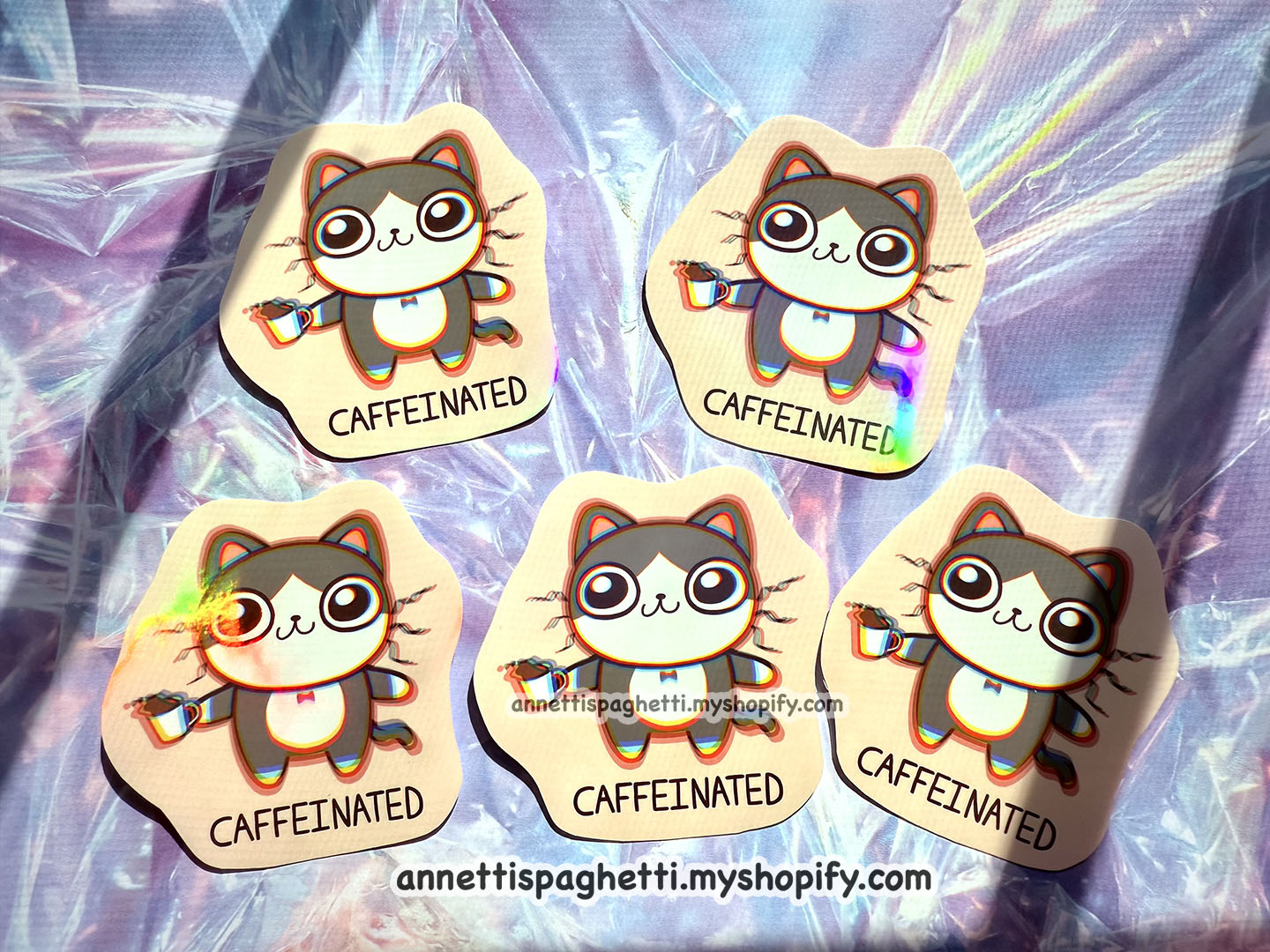 Caffeinated Cat Holographic Sticker