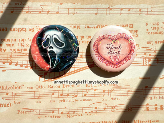 Horror Movie Ghostie & Final Girl Pin with Sticker Holographic Bundle Set