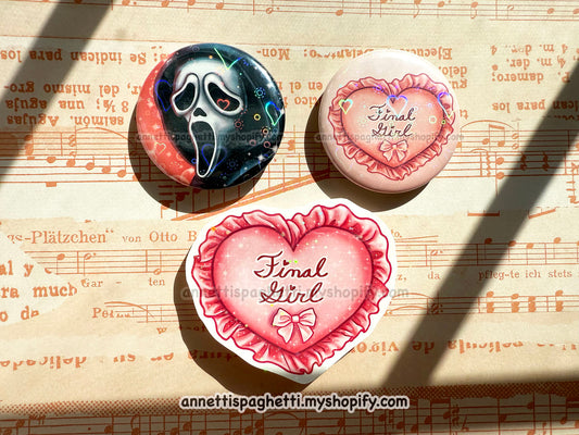 Horror Movie Ghostie & Final Girl Pin with Sticker Holographic Bundle Set