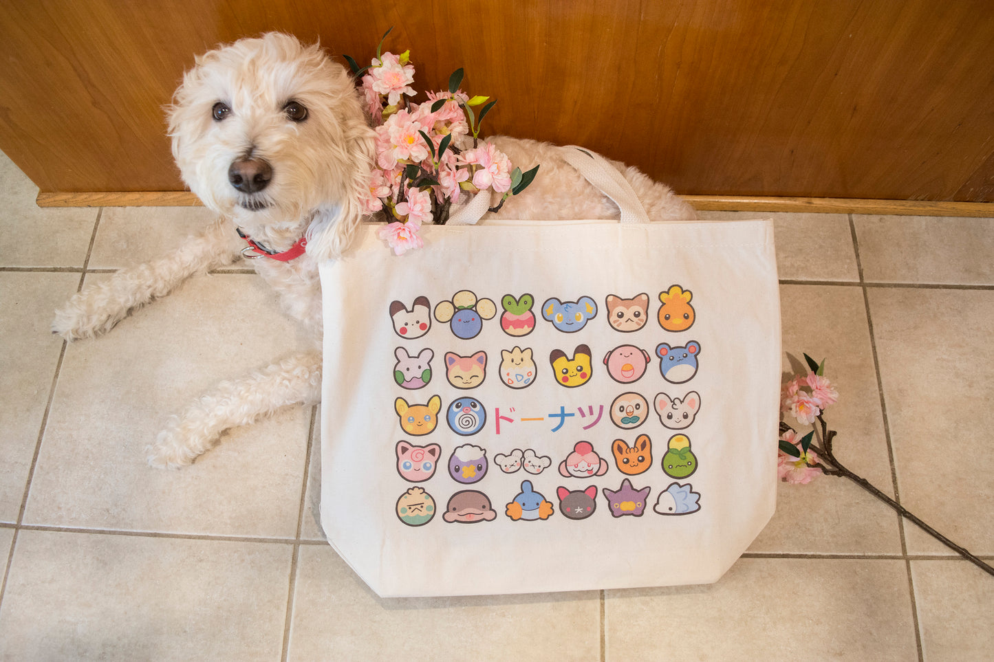 Pokie Derpy Donuts Large Cotton Canvas Tote Bag