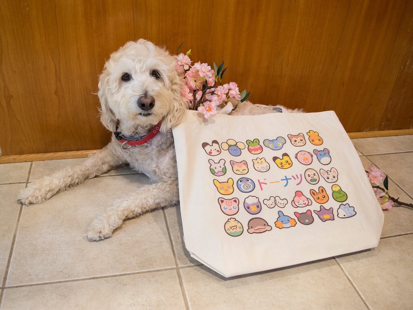 Pokie Derpy Donuts Large Cotton Canvas Tote Bag